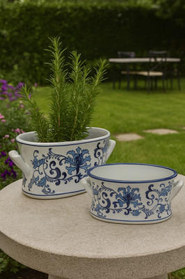 Set of 2 White & Blue Floral Ceramic Planters Footbath Vase Indoor Outdoor Decor | eBay US