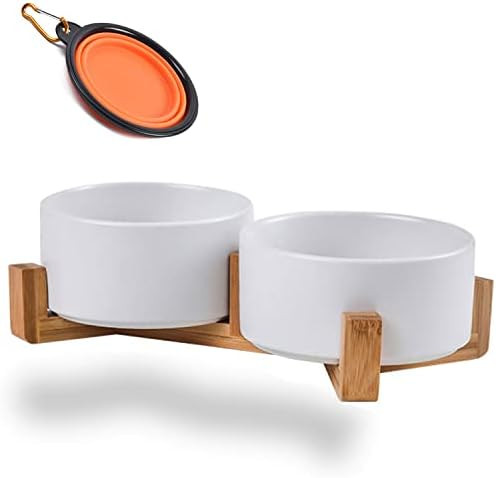 Petygooing Dog Bowls,White Ceramic Cat Dog Bowl Set with Wood Stand for Food and Water, Modern Pe... | Amazon (US)