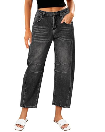 LookbookStore Womens Wide Leg Jeans High Waisted Black Cropped Jeans for Women Faded Black Size Medium Size 8 10 | Amazon (US)