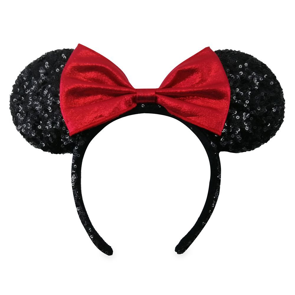 Minnie Mouse Sequined Ear Headband with Velvet Bow – Black and Red | Disney Store