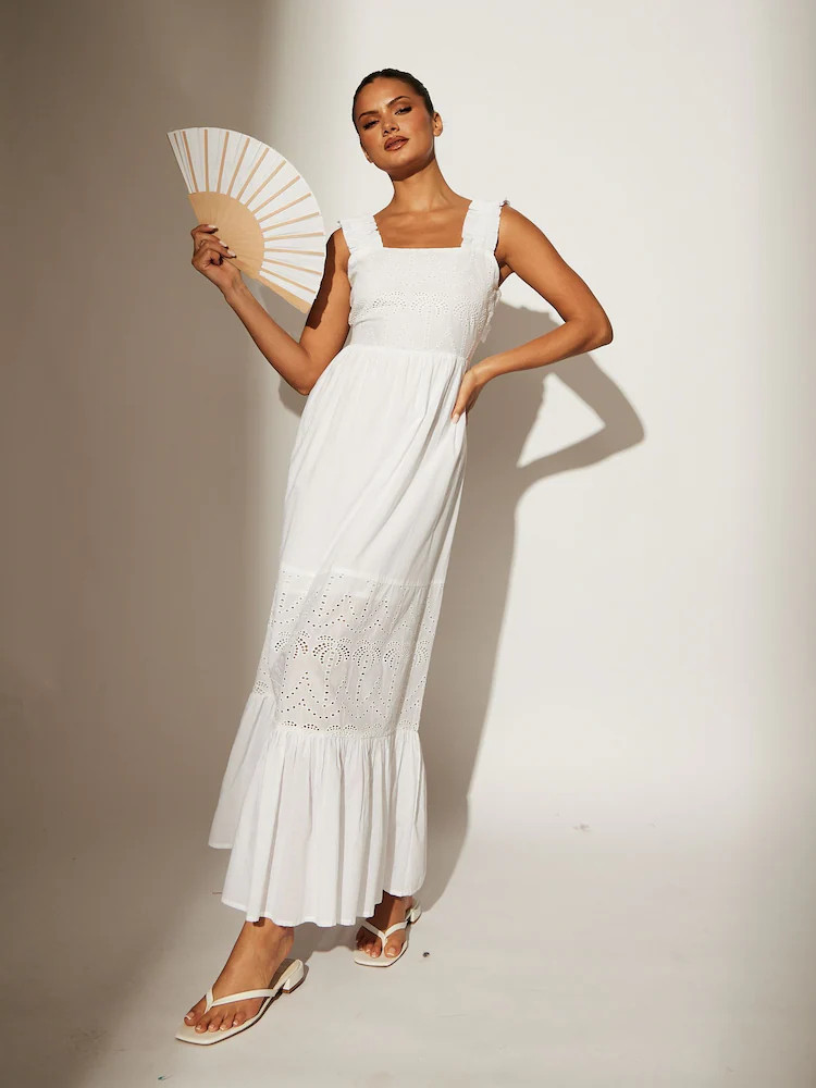 South Beach White Palm Broderie Tie Back 100% Cotton Maxi Dress | Next US