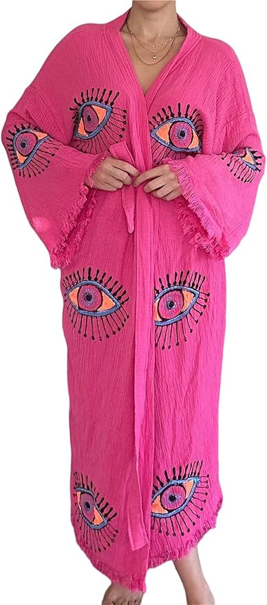 Pinus Evil Eye Kimono Robe Hand Painted, 100% Cotton, Robe, Loungewear, housecoat One Size Fits X... | Amazon (US)