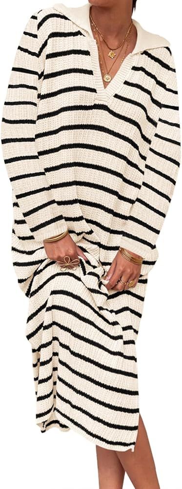 Saodimallsu Womens Striped Sweater Dress Fall Chunky Knit V Neck Collared Long Sleeve Sexy Slit L... | Amazon (US)