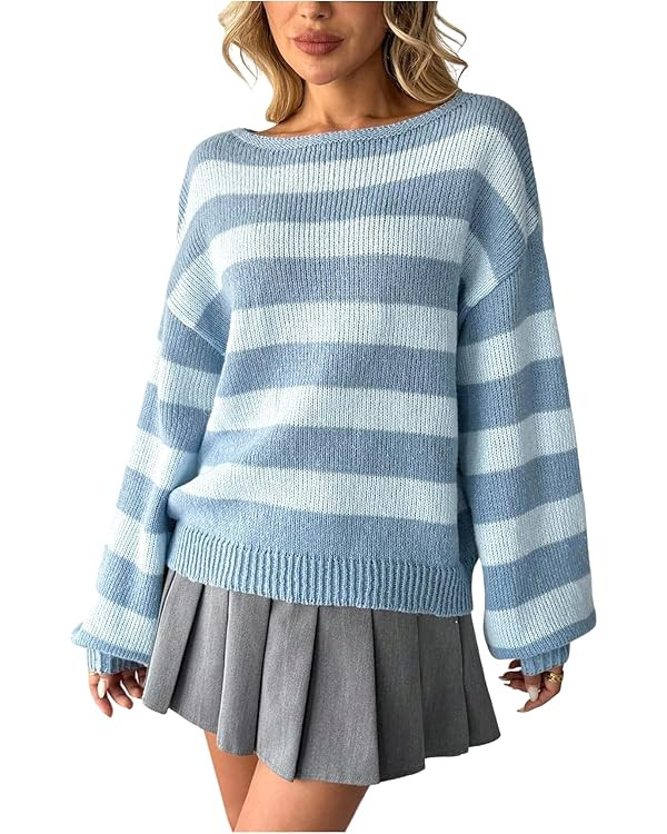 SweatyRocks Women's Oversized Sweaters Striped Boat Neck Long Sleeve Knit Pullover Tops | Amazon (US)