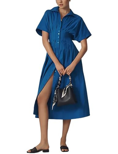 Yeokou Shirt Dress for Women Summer Casual Short Sleeve Button Down Loose Pleated Maxi Sundress w... | Amazon (US)