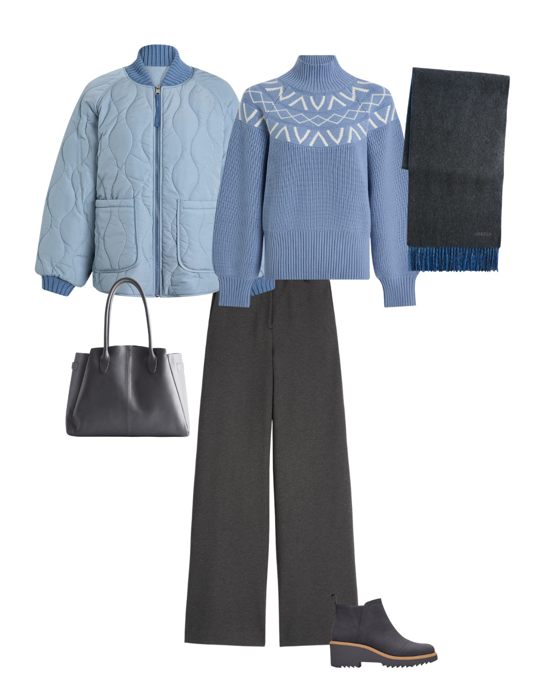 Comfortable luxe outfit formula in charcoal grey and blue. Quilted jacket, blue chunky knit, charcoal trousers, boots, bag and cashmere scarf 

 #LTKuk #LTKover50style #LTKstyletip