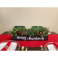 Merry Christmas Ornament Centerpiece, Red Rustic Holiday Table Decor, Evergreen Centerpiece For Dining | Etsy (US)