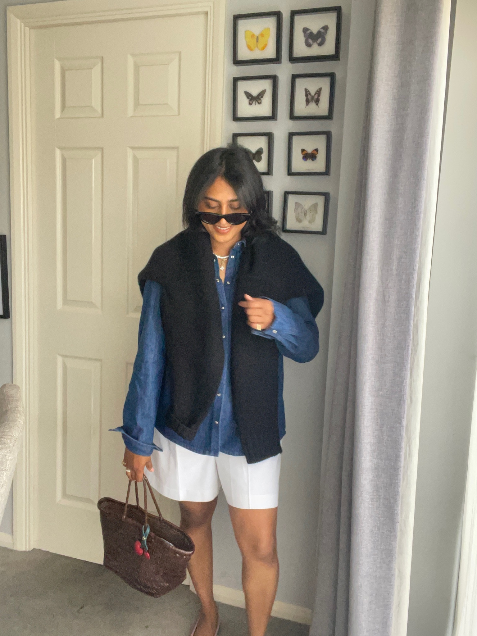 Cashmere jumper, black jumper, crew neck jumper, denim shirt, blue shirt, white shorts, tailored shorts, leather bag, weave bag, brown bag, cherry Keyring, leather keyring, COS, Sezane, & Other Stories, Levi’s, Dragon Diffusion, M&S

#LTKSeasonal #LTKeurope #LTKstyletip