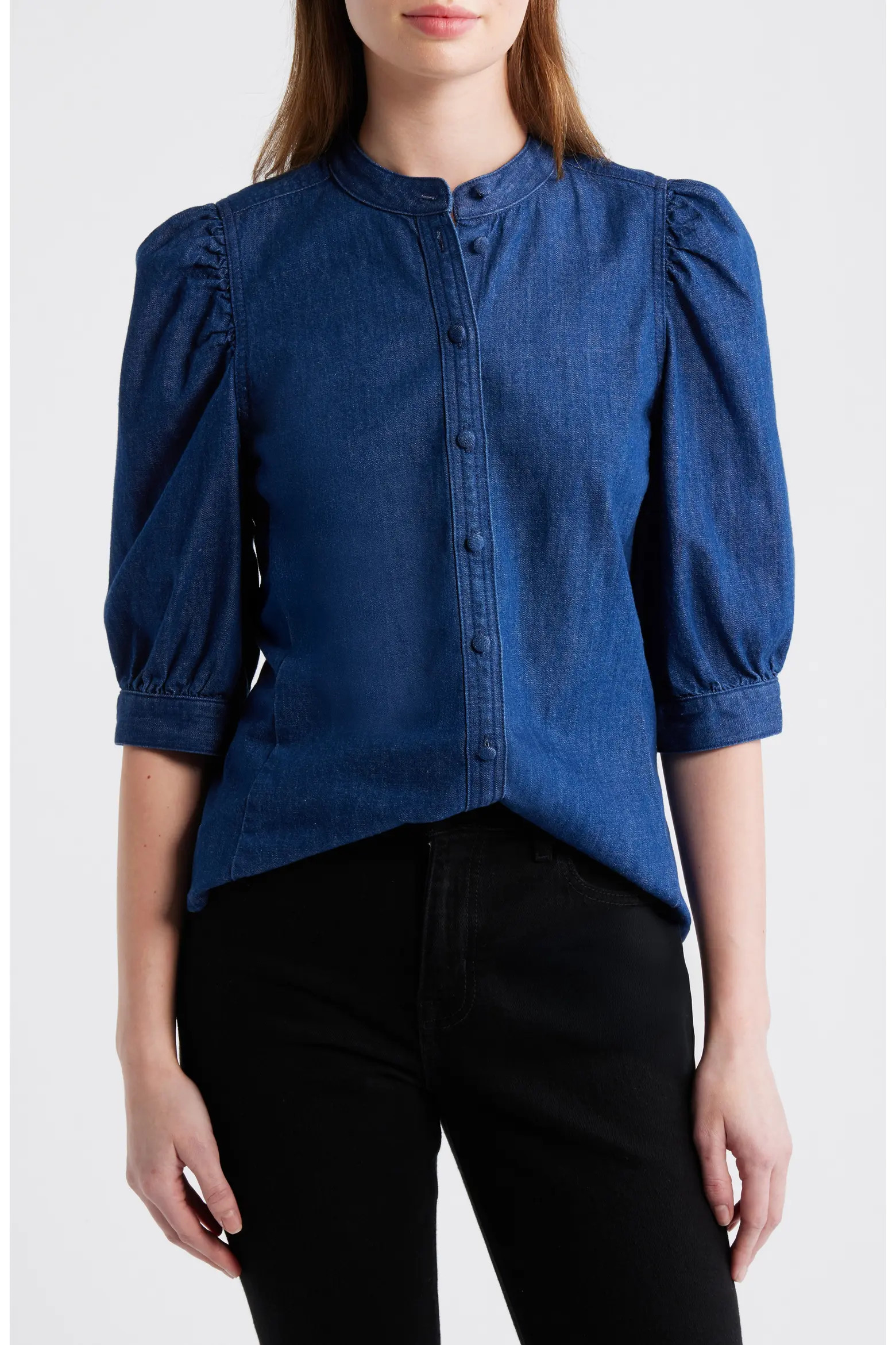 Denim Puff-Sleeve Band-Collar Shirt (Women) | Nordstrom | Nordstrom