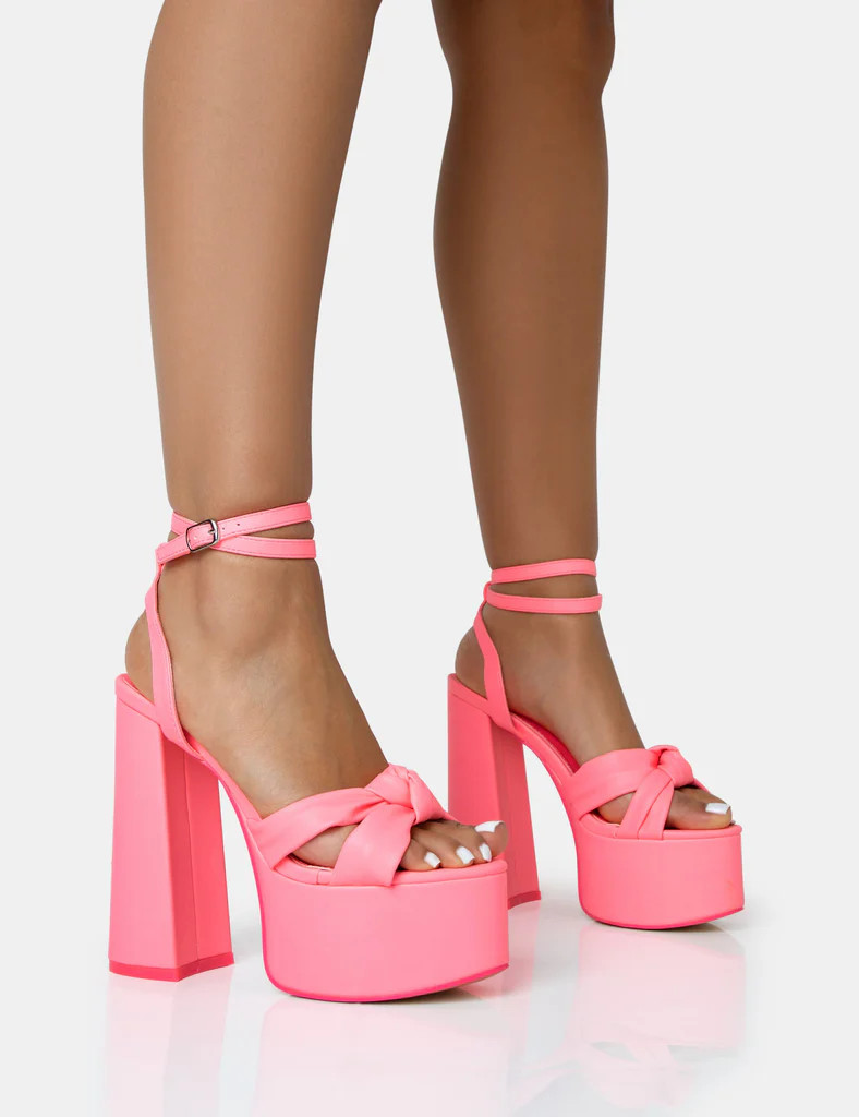 Leo Edition Neon Pink Round Toe Platform Block Heels | Public Desire (US & CA)