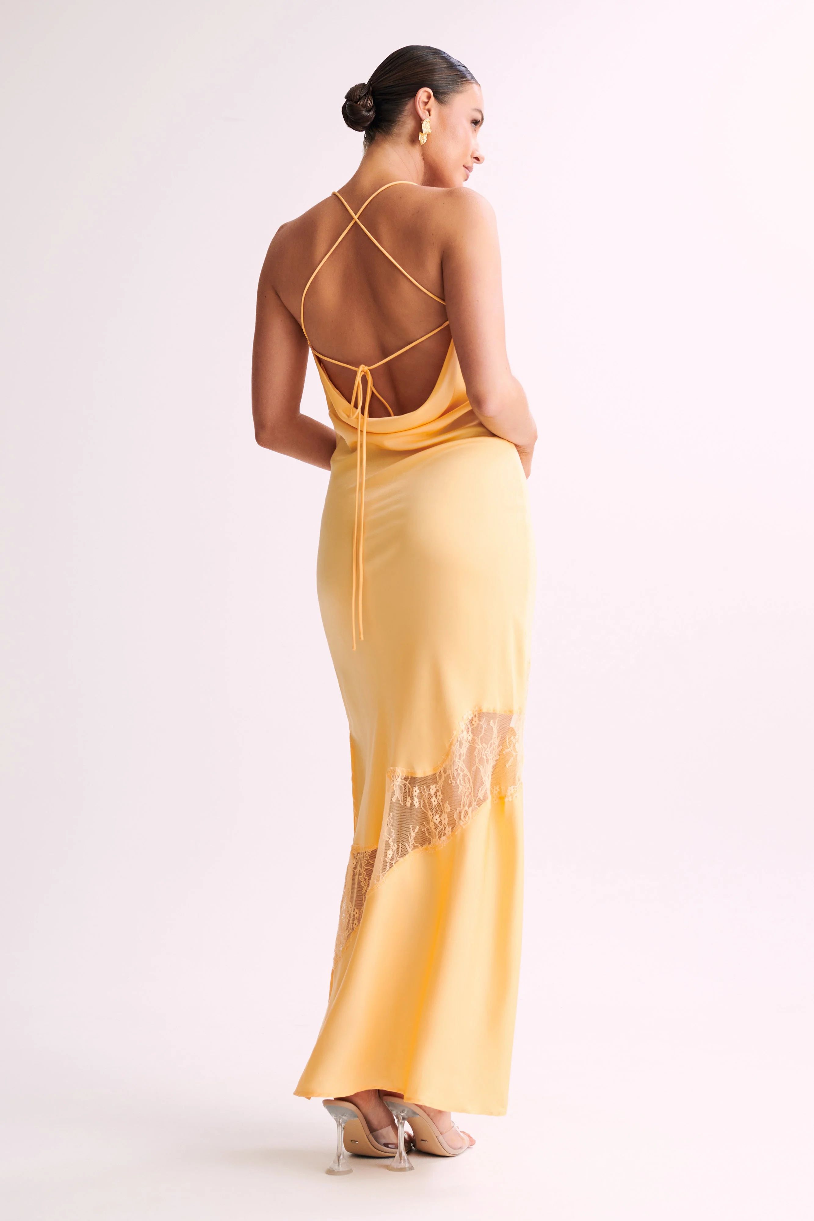 Chandra Lace Detail Satin Maxi Dress - Lemon | MESHKI US