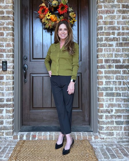 This olive green cardigan has beautiful textures. I'm wearing it buttoned up. Fits tts, wearing a size XS. Paired with the softest no wrinkle black pants of the season (size 0). I had my pants hemmed to preserve the notched hem for my 5'2" height.
#midlifestyle #workwear #falloutfit #petitefashion

#LTKSeasonal #LTKworkwear #LTKstyletip