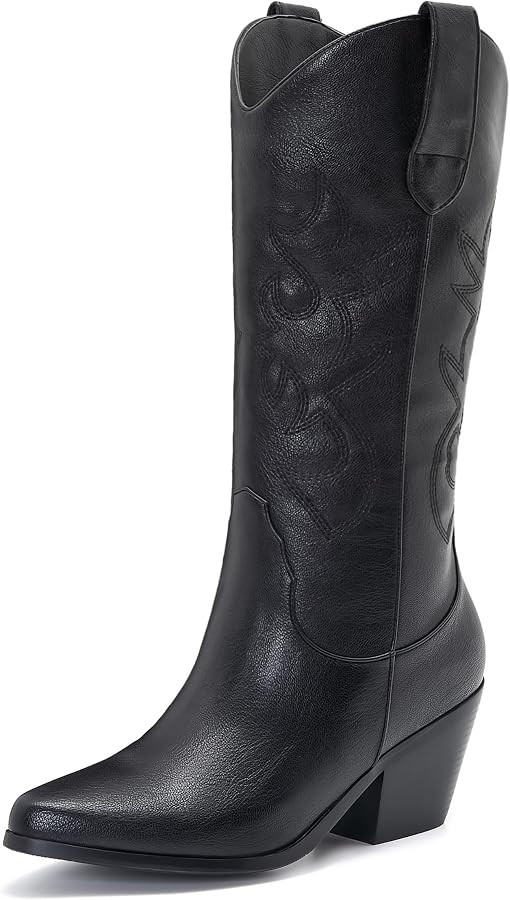 Western Cowboy Boots for Women - Mid Calf Embroidered Cowgirl Boots, Slip On Pointed Toe Chunky H... | Amazon (US)