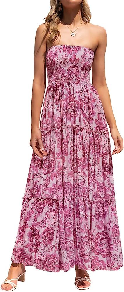 ZESICA Women's 2023 Summer Bohemian Floral Printed Strapless Beach Party Long Maxi Dress | Amazon (US)