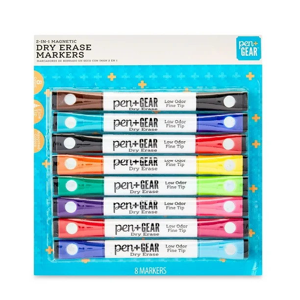 Pen+Gear 2-in-1 Magnetic Fine Tip Dry Erase Markers, Assorted, 8 Count | Walmart (US)