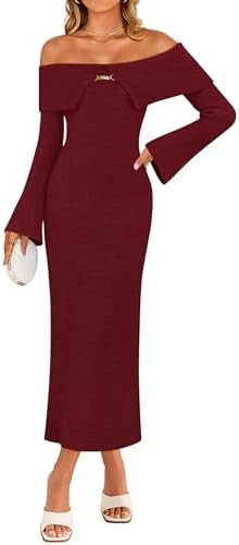 ZESICA Women's Fall Off Shoulder Sweater Dress 2025 Bell Long Sleeve Ribbed Knit Bodycon Formal M... | Amazon (US)