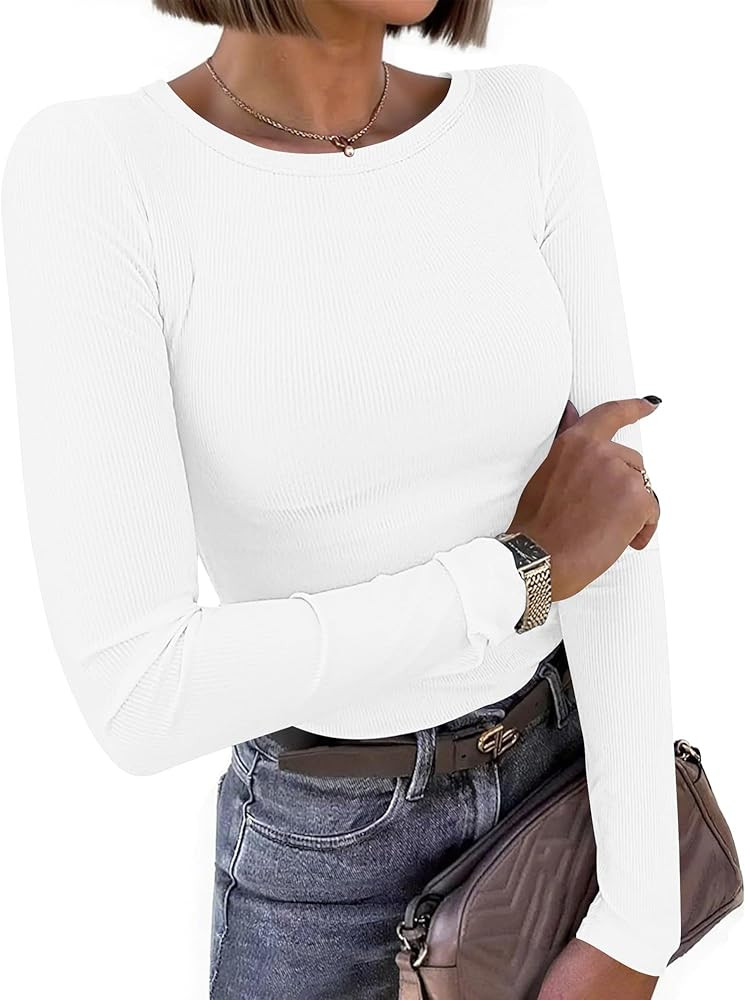 WNEEDU Women Long Sleeve T-Shirt Crewneck Ribbed Knit Slim Fit Tee Tops 2025 Casual Basic Spring ... | Amazon (CA)