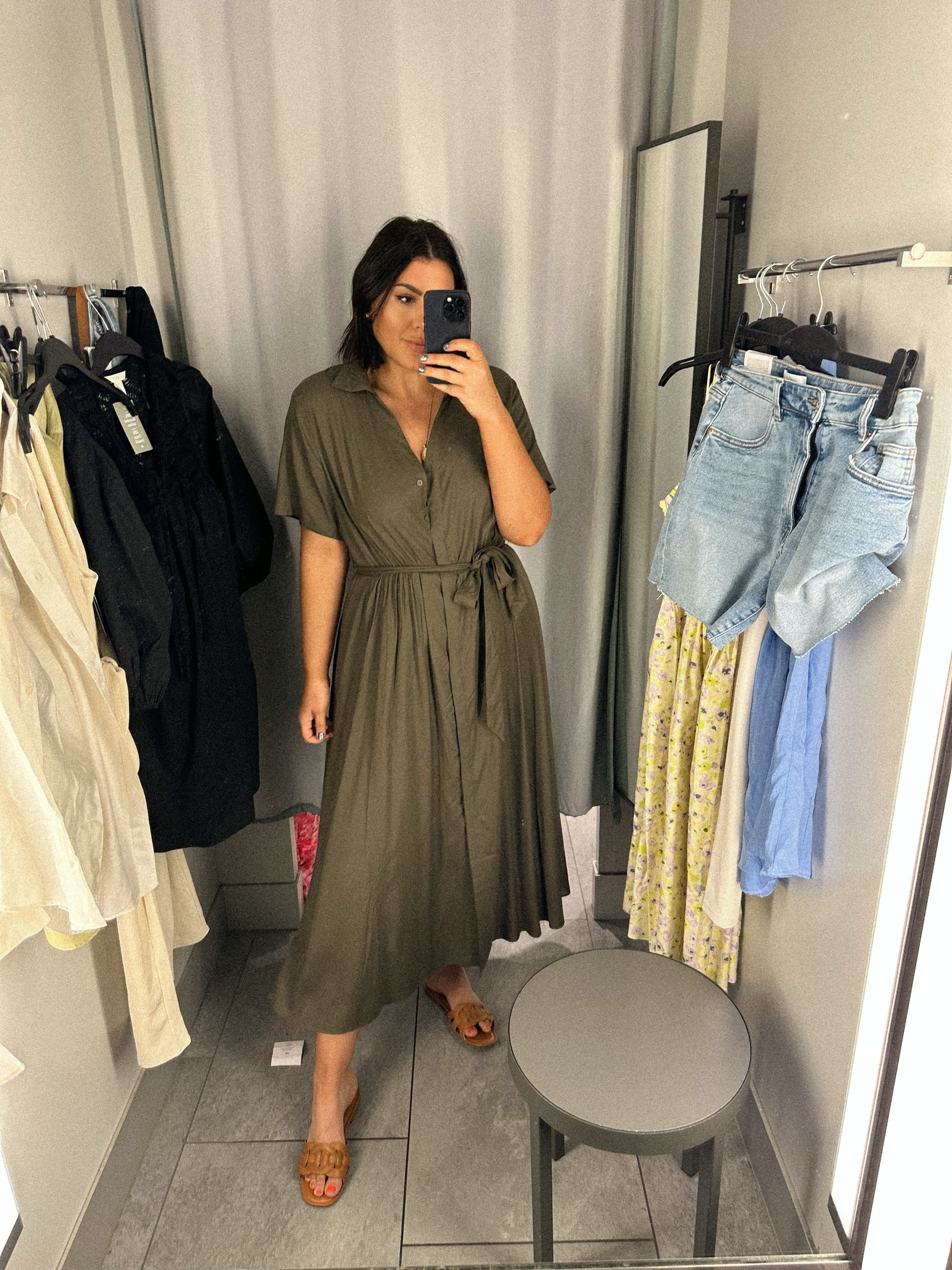h&m olive green shirt dress Women's Dark khaki green Tie-belt Shirt Dress