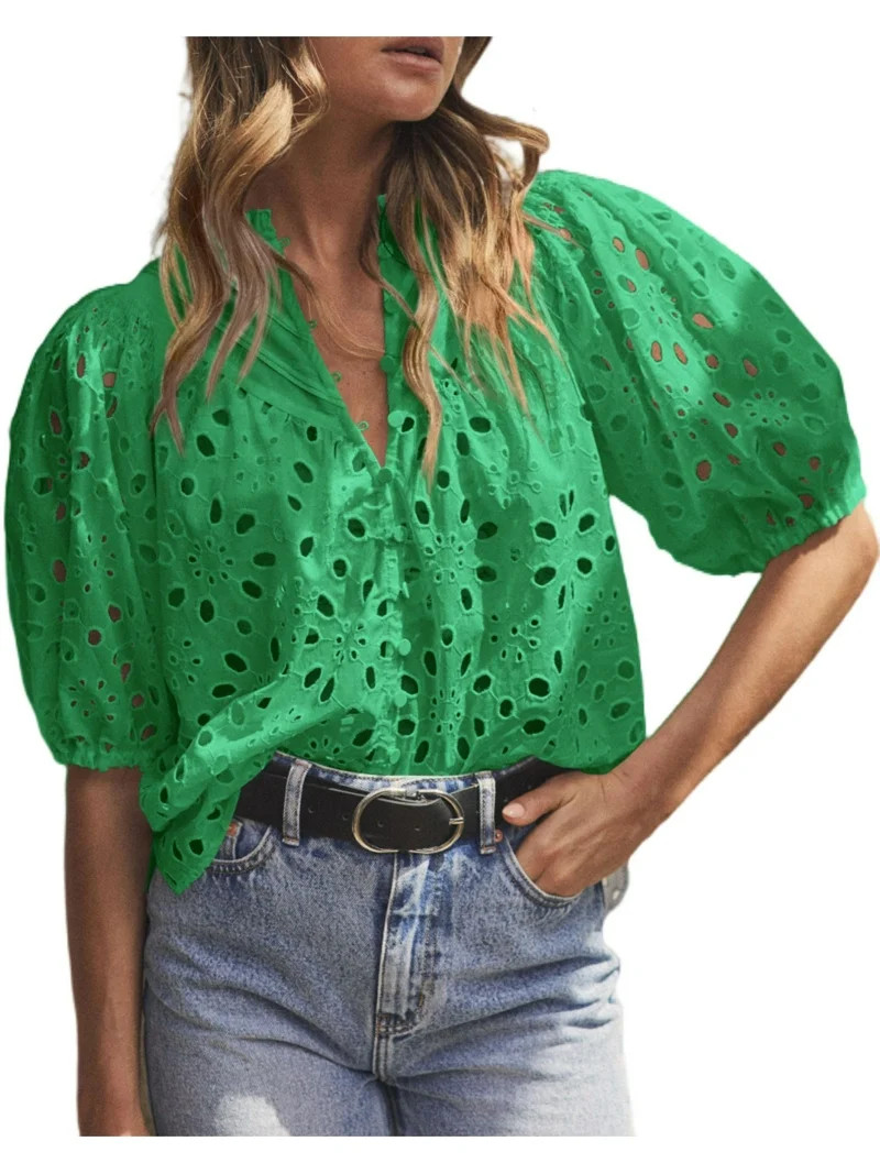 PRETTYGARDEN Women's Summer Tops Dressy Casual Short Lantern Sleeve V Neck Buttons Hollow Out Lac... | Walmart (US)