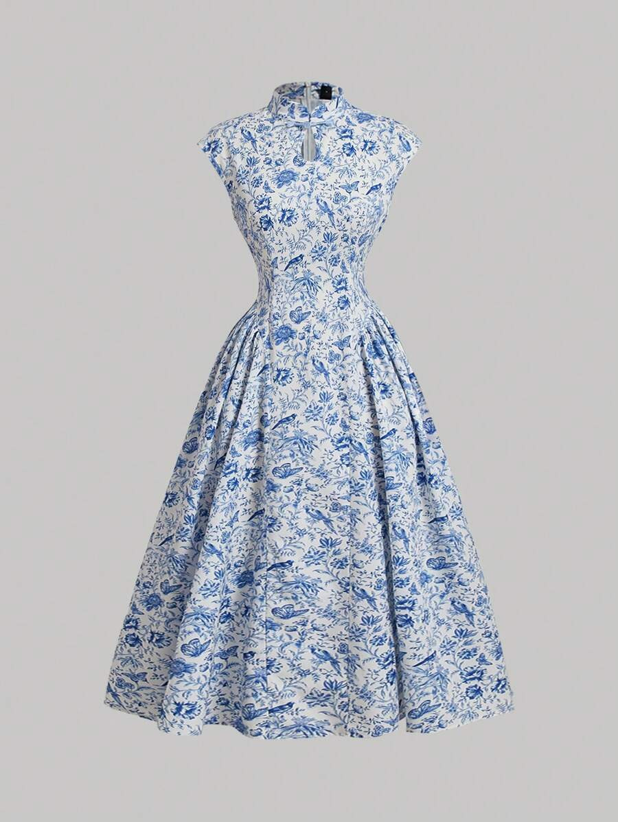 SHEIN MOD New Chinese Style Blue Floral Dress With Buckle Decoration, Teacher Dress, Autumn Dress... | SHEIN