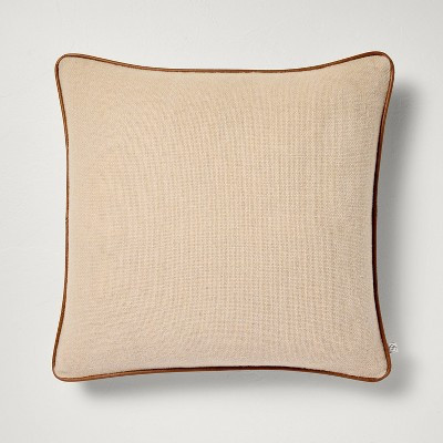 18"x18" Solid Chambray with Faux Leather Trim Square Throw Pillow Beige/Brown - Hearth & Hand™ with Magnolia | Target