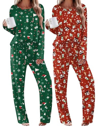Ekouaer Christmas Sleepwear Womens Holiday Pajama Set Matching Pjs Long Sleeve Lounge Set with Pockets,Large | Amazon (US)