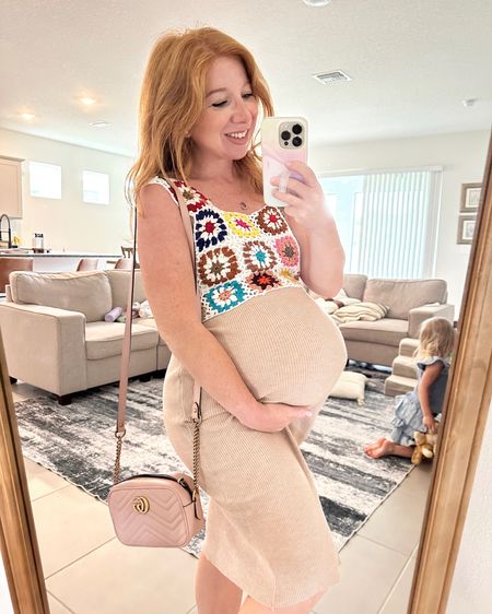 Perfect bump summer outfit. Amazon skirt and Amazon crochet crop top with Amazon tank underneath. Non maternity. Pregnancy outfit. 32 weeks pregnant 

#LTKunder50 #LTKfamily #LTKbump