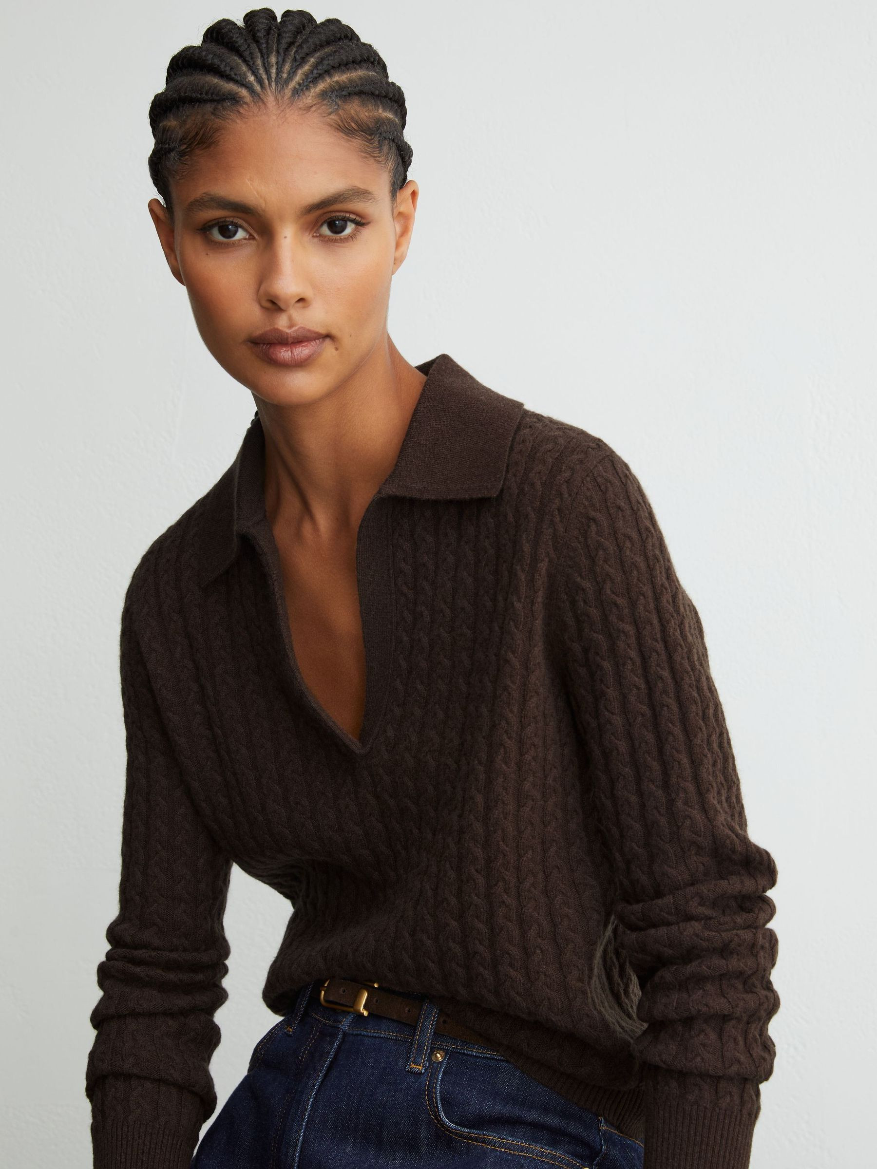 Reiss Wool-Cashmere Cable-Knit Collared Jumper in Grape Burgundy - REISS | Reiss UK