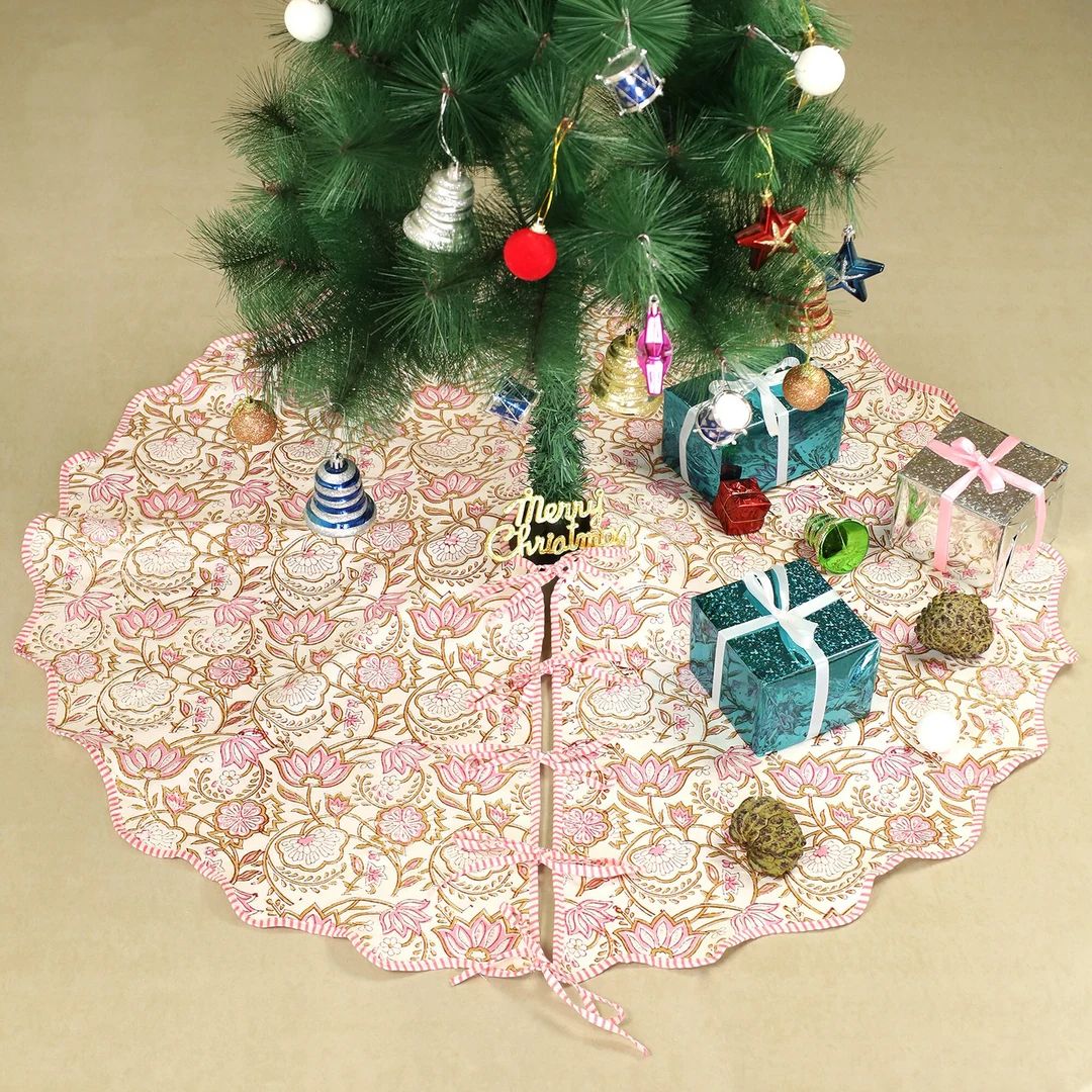 Pink Floral Indian Block Printed Christmas Tree Skirt Xmas - Etsy | Etsy (US)