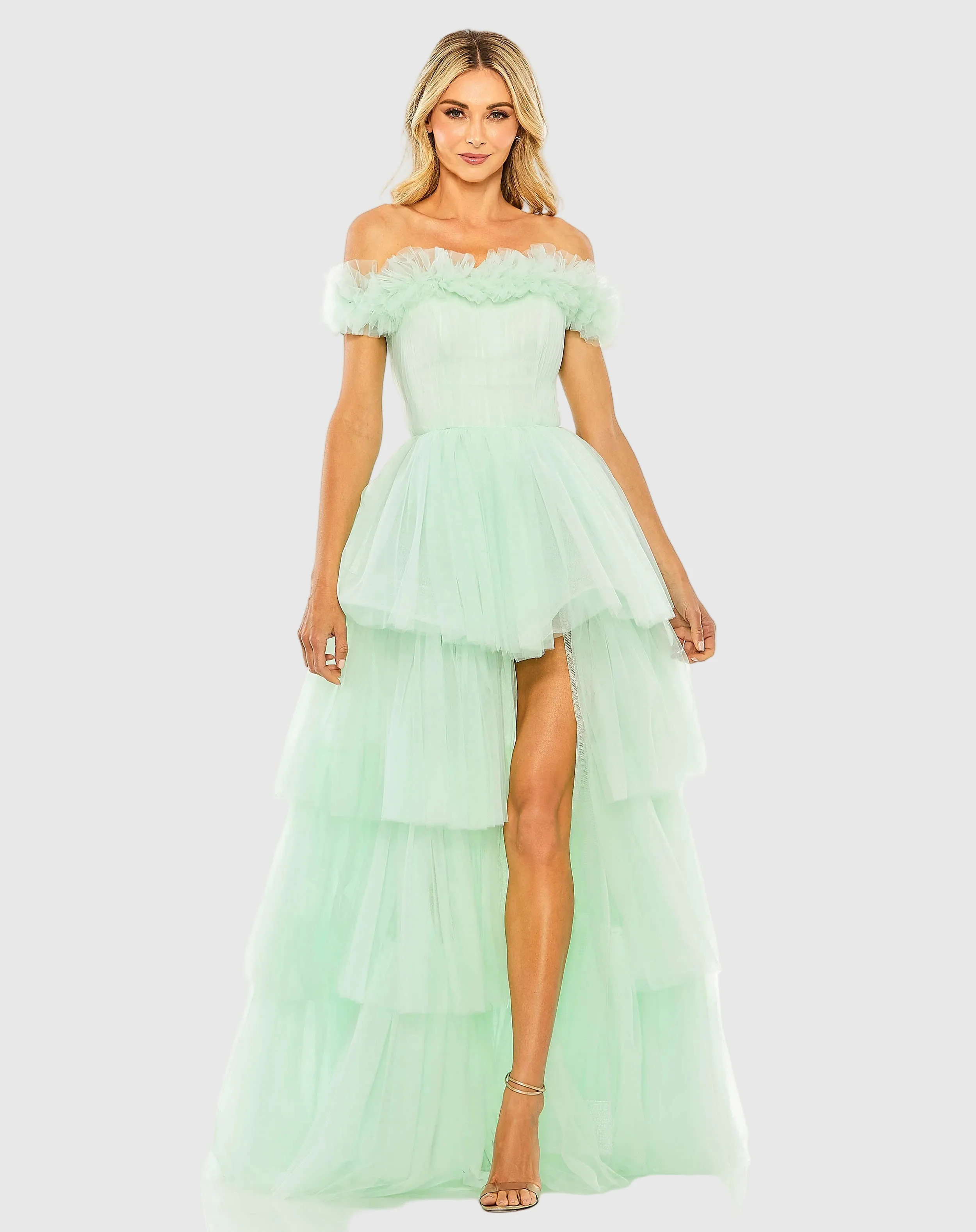 Mac Duggal - Green Off-the-Shoulder High-Low Tulle Gown - FINAL SALE - Mint / US 10 | Mac Duggal