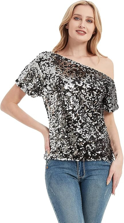 Anna-Kaci Womens Short Sleeve One Shoulder Sexy Sequin Top Blouse | Amazon (US)