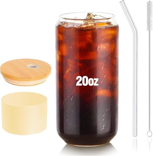 DAMCONME Glass Tumbler with Straw and Lid, 20 oz Iced Coffee Glass Cup with Bamboo Lid, Removable Silicone Sleeve in Butter Yellow, Reusable Glass Straw and Cleaning Brush | Amazon (US)
