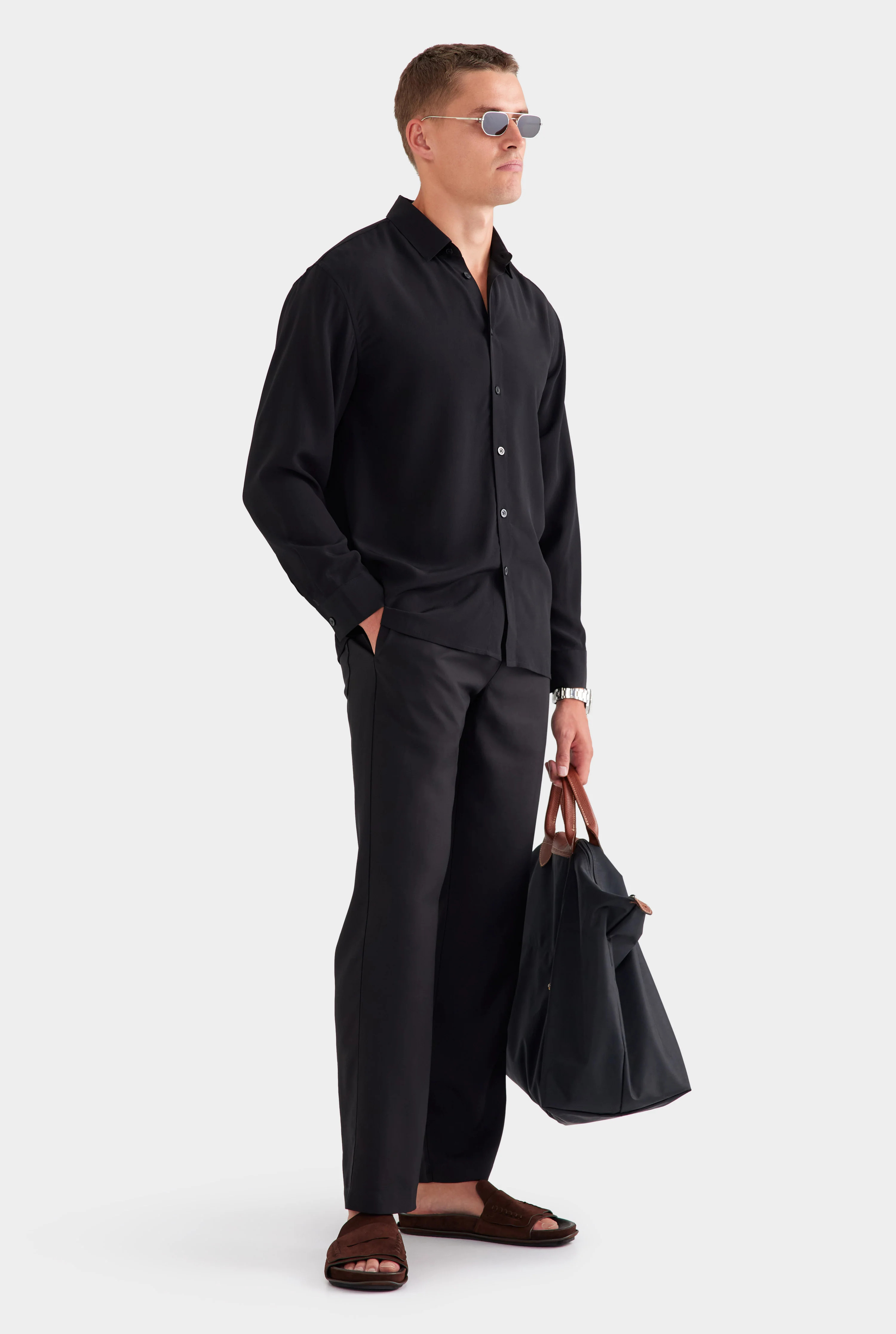 Mens Relaxed Silk Long Sleeve Shirt Black | Venroy | Venroy AU