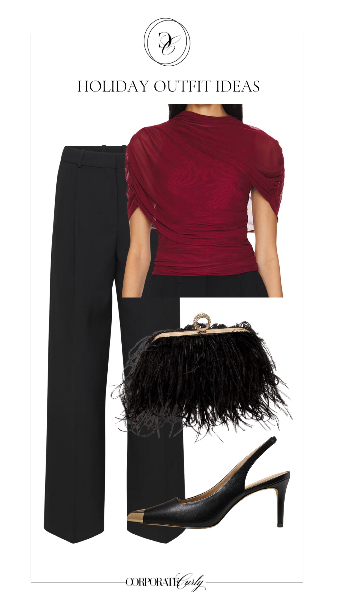 Elegant and festive, this wine Evianna Top paired with pleated trousers and a feather clutch is all you need for the perfect work holiday party look!  Finished off with sleek leather metal-toe slingback pumps for that extra touch of chic. #HolidayPartyOutfit #WorkToPartyLook #ChicHolidayStyle #FeatherClutch #PleatedTrousers #SlingbackPumps #HolidayFashion #OfficeHolidayLook #FestiveChic #ElegantOutfit

#LTKParties 

#LTKHoliday #LTKWorkwear
