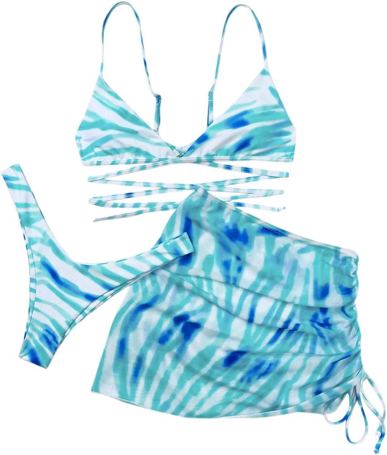 SOLY HUX Women's Tie Dye Wrap Bikini Bathing Suits with Mesh Beach Skirt 3 Piece Swimsuits | Amazon (US)