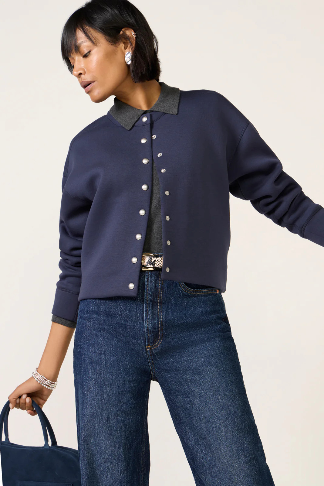 EVEREVE Women's Sabrina Scuba Bomber Jacket, Size XS, Blue | Evereve