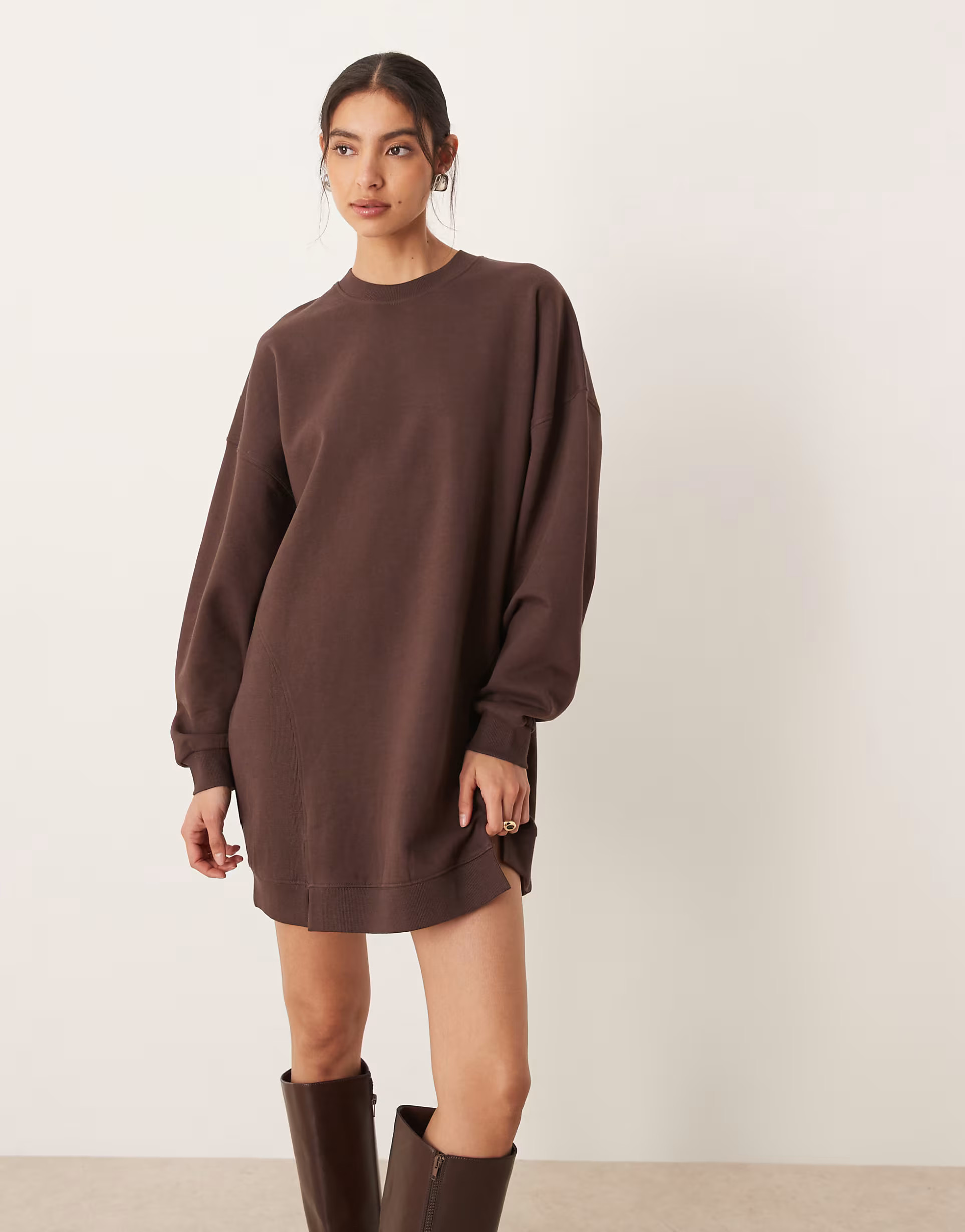 ASOS DESIGN Circular Design dipped hem mini sweats dress in chocolate | ASOS (Global)