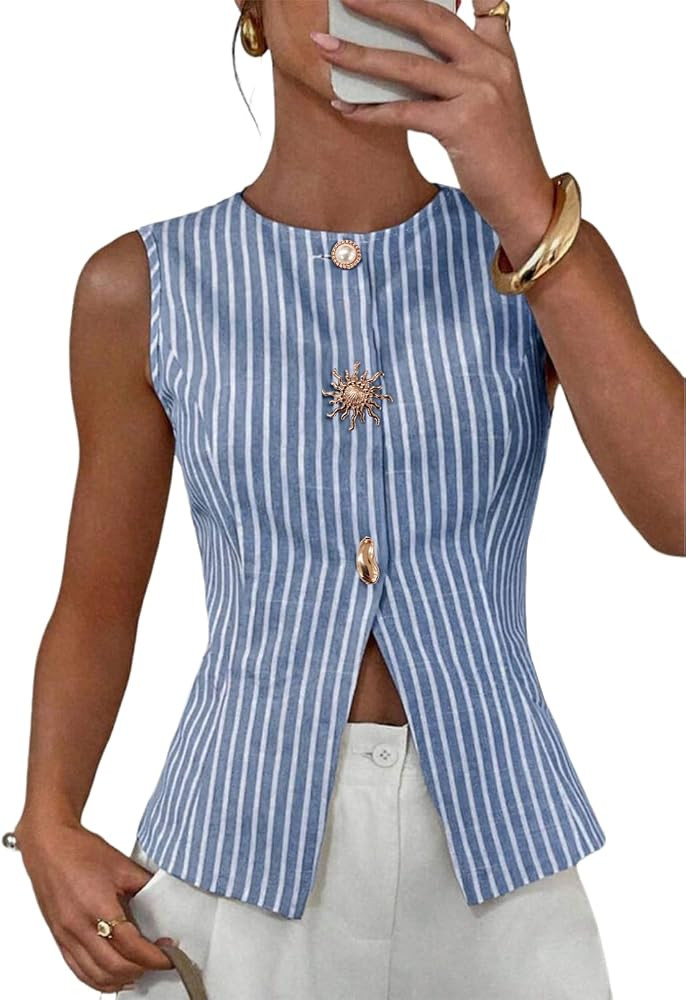 BLENCOT Womens Striped Sleeveless Slim Fit Vest Tops Dressy Crewneck Metal Button Down Business C... | Amazon (US)