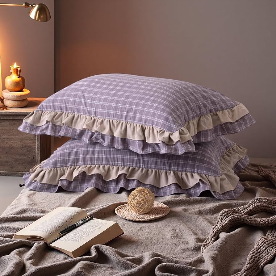 Ruffled Purple White Gingham Pillowcases Set of 2 Premium 100% Cotton Farmhouse Blue Pillow Cover... | Amazon (US)