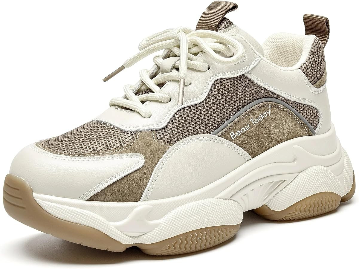 BEAU TODAY Chunky Sneakers for Women, Womens Fashion Sneakers, Lace Up Platform Comfortable Leath... | Amazon (US)