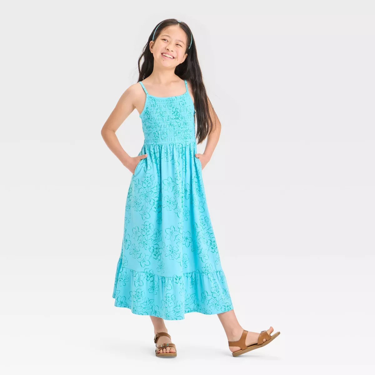 Girls' Floral Knit Maxi Dress - Cat & Jack™ Light Turquoise Blue XS: Sleeveless A-Line, Square ... | Target