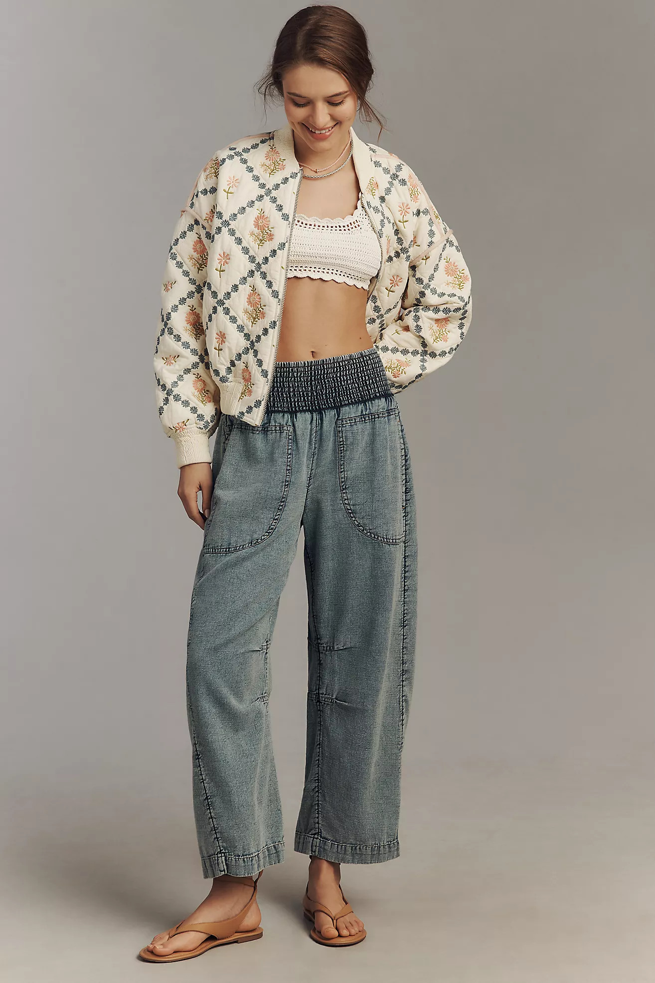 Reese Smocked Pull-On Barrel Jeans in Cross-Weave Cotton | Anthropologie (US)