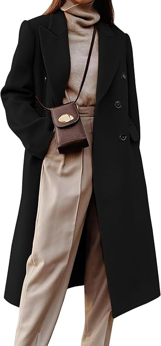 Womens Long Wool Coats Fall Winter Double Breasted Trench Coat Peacoat | Amazon (US)
