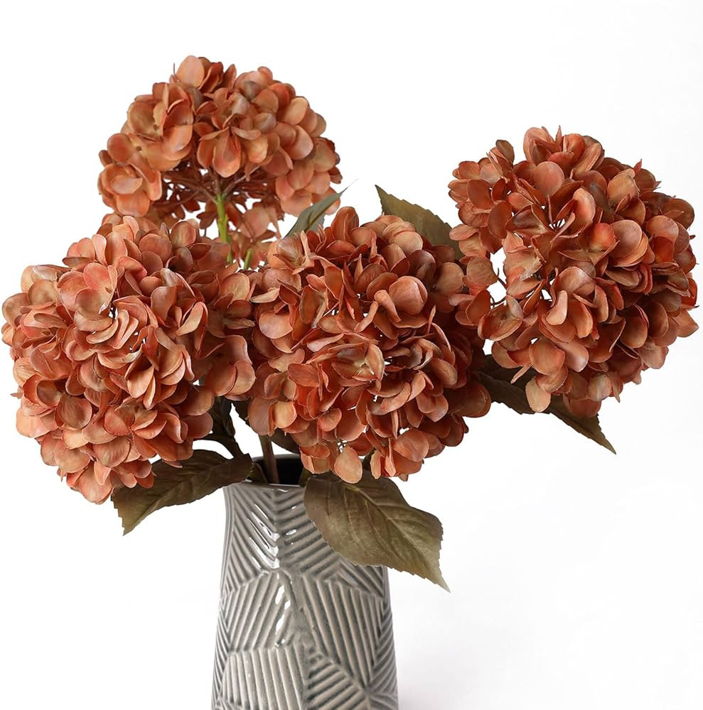 mizii 4Pcs Burnt Orange Artificial Hydrangeas Flowers Large Fake Silk Hydrangea Flower with Stems... | Amazon (US)