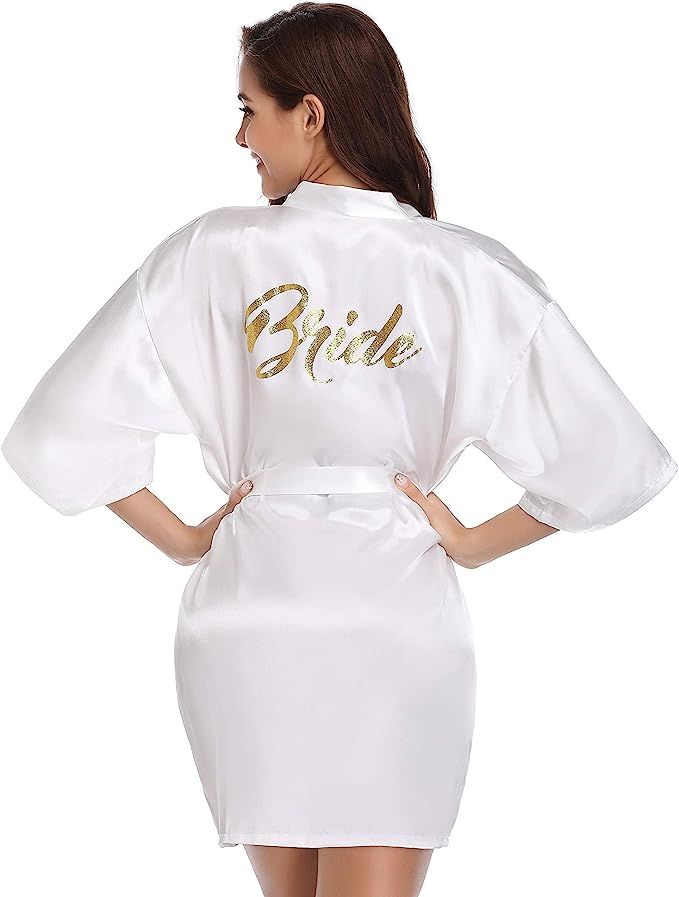 Vlazom Women's Satin Robe Short Kimono for Bride & Bridesmaid Wedding Party Robes with Gold Glitt... | Amazon (US)
