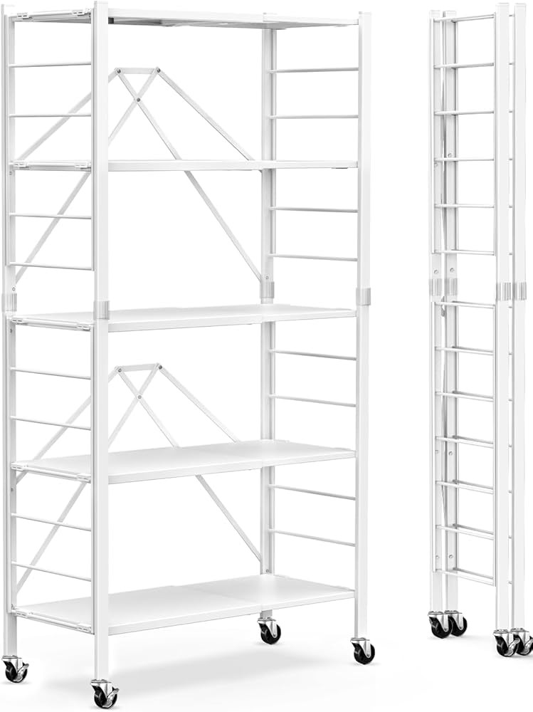 Himix 5 Tier Foldable Storage Shelves, Expandable Folding Pantry Shelf with Wheels, Changeable in... | Amazon (US)