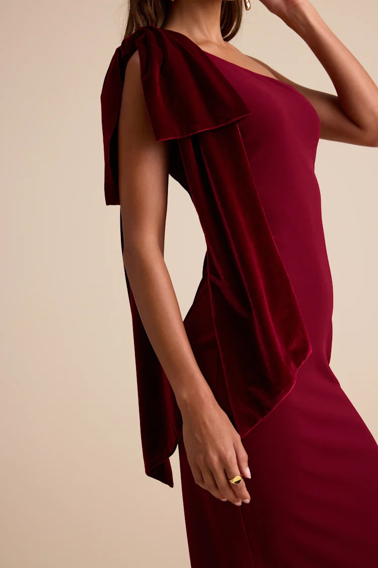 Amarila Burgundy One-Shoulder Velvet Bow Maxi Dress | Lulus