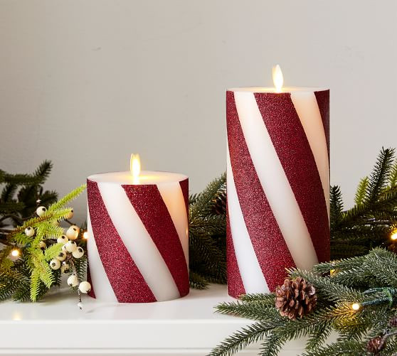 Premium Flickering Flameless Wax Pillar Candles - Candy Striped | Pottery Barn (US)