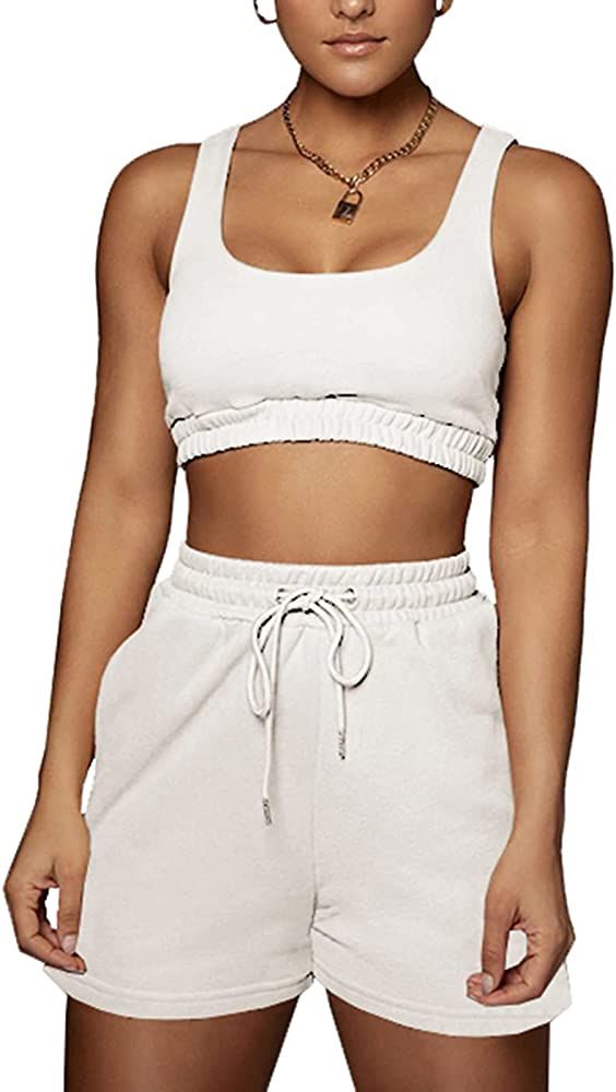 Summer Workout Sets Two Piece Outfits for Women , Sexy Sleeveless Crop Tops and Loose Shorts Casual  | Amazon (US)