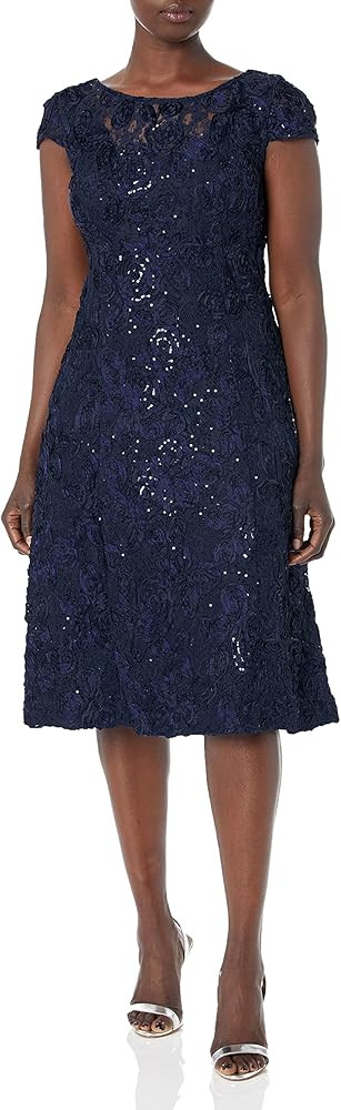 Alex Evenings Women's Tea Length Cap Sleeve Rosette Dress (Petite and Regular) | Amazon (US)